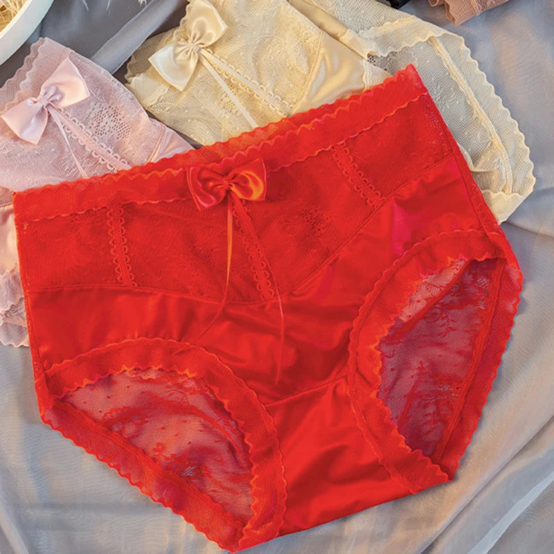 Women Sexy Lace Satin Smooth Middle Waist Panties Transparent Breathable Seamless Bow Underwear High Elasticity Soft Breifs