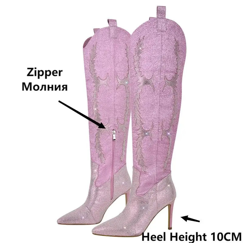 Onlymaker Women Pink Over The Knee Boots Thin High Heel Lady  Decoration Zipper Winter Female Boots