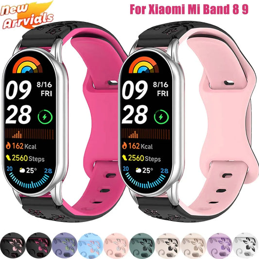 Women Silicone Flower 3D Engraved Bracelet for Xiaomi Band 9 NFC Smart Watch Breathable Watchband for Xiaomi Band 8 NFC strap