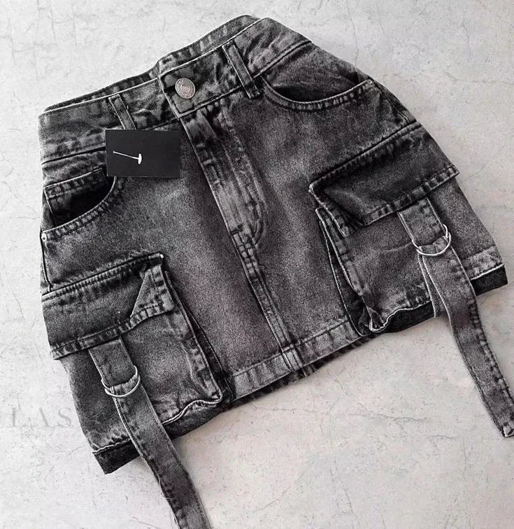 Y2K Short Skirt Fashion Gothic Cargo Baggy Denim Shorts Retro Blue Multi Pocket Denim Shorts Womens High Waist Slim Mini Skirt