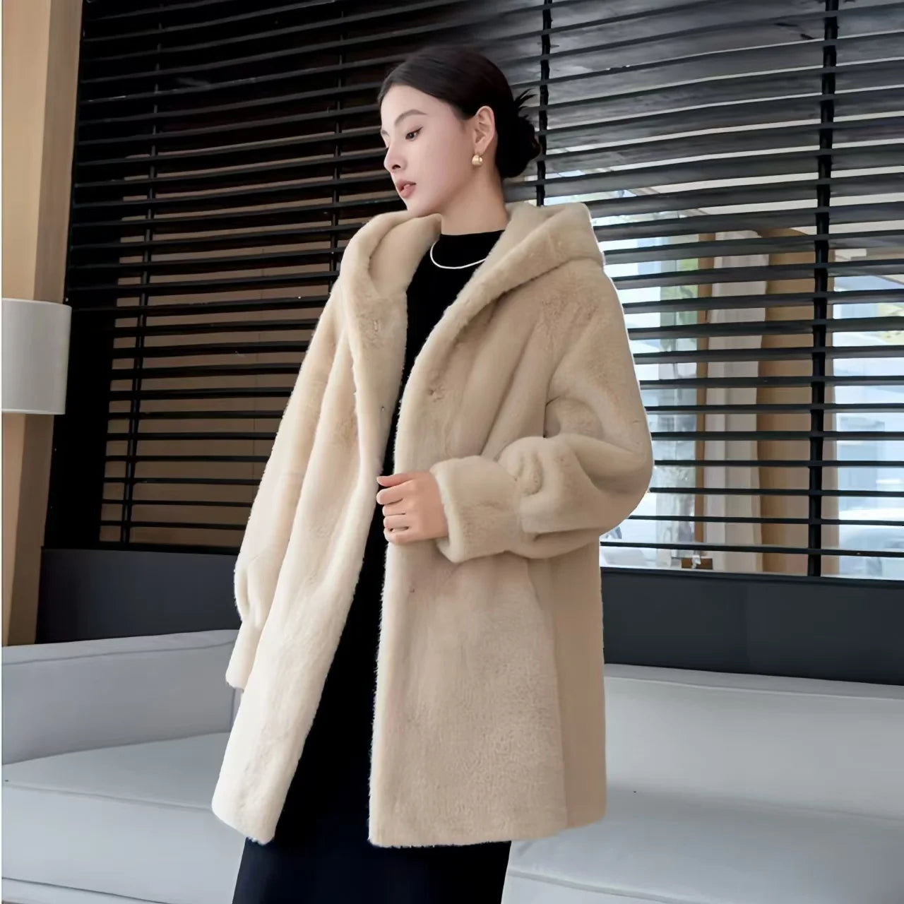 Faux Mink Fur Coat for Women,Covered Button Jackets,Hooded Overcoat,Female Clothes,Thicken Warm,Winter,New, 2025