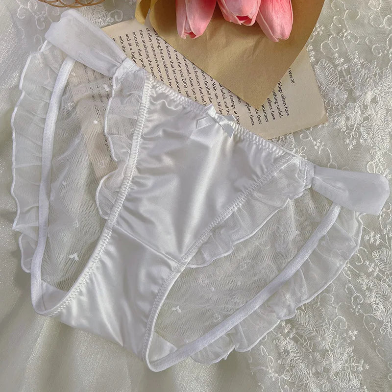 Women Sexy Mesh Satin Lace Ruffles Underwear Transparent Bow Cute Lovely Low Waist Thin Breathable Panties High Forks Breifs