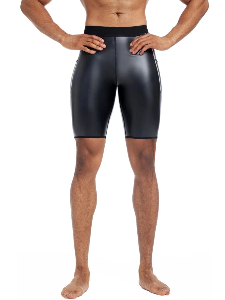 Men Fashion White Splicing Leather Shorts Body Shaper Waist Trainer High Waist Control Panties Fitness Leather Pants with Pocket