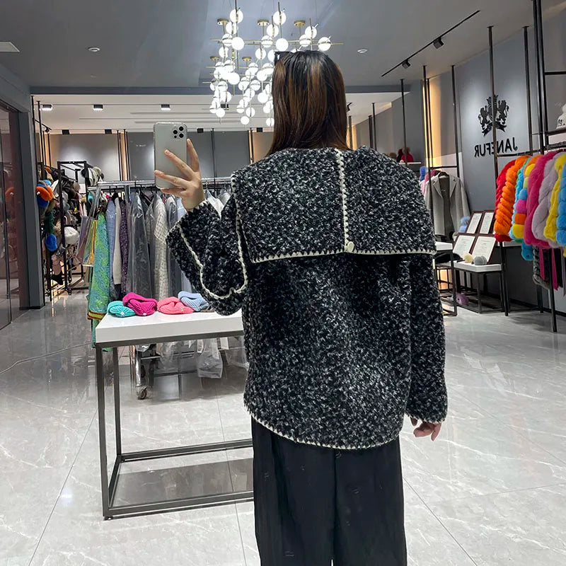 Women's Autumn Winter Coat Navy Collar Casual Fashion Thick Coat Faux Fur Jacket JFB14-24072