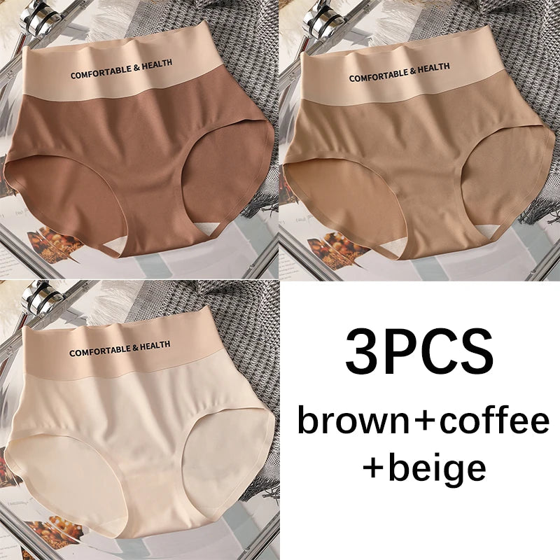 FallSweet 3PCS Seamless Panties for Woman Ice Silk Underwear High Waist Briefs Solid Comfortable Underpants Sexy Female Lingerie