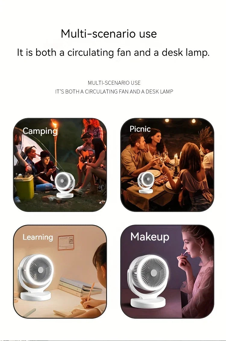 360-Degree Rotatable White Desk Fan with Night Light Charging Air Cycle Desktop Fan Adjustable Airflow for Indoor & Outdoor Use