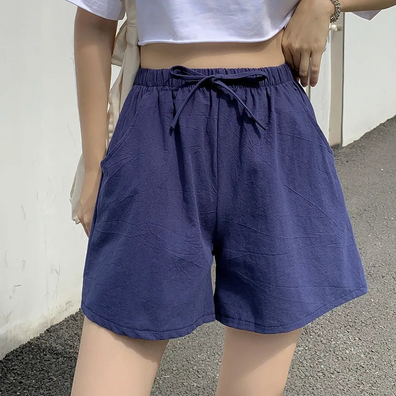 Elegant Cotton Linen Shorts Fashion Women Loose Drawstring High Waist Pocket Summer New Short Pants Casual Office Lady Trousers