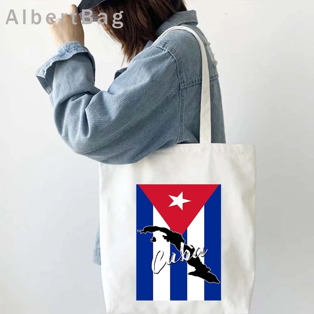 Cuba Country Map Flag Havana Travel Cuban Watercor Shopper Harajuku Canvas Totes Bag Cubana Girl Gift Love Heart Cotton Handbags