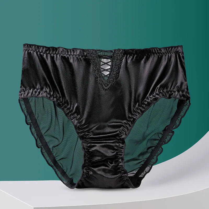 Sexy Hollow Lace Women Middle Waist Underwear High Elasticity Mesh Transparent Panties Satin Smooth Breathable Seamless Breifs