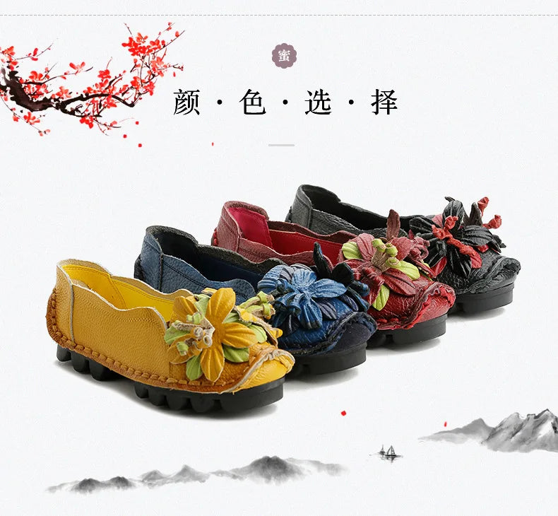 Genuine Leather Ballet Flats Women's Slip On Loafers Vintage Handmade Flower Soft Muffin Platform Casual Walk Dress Shoes Woman