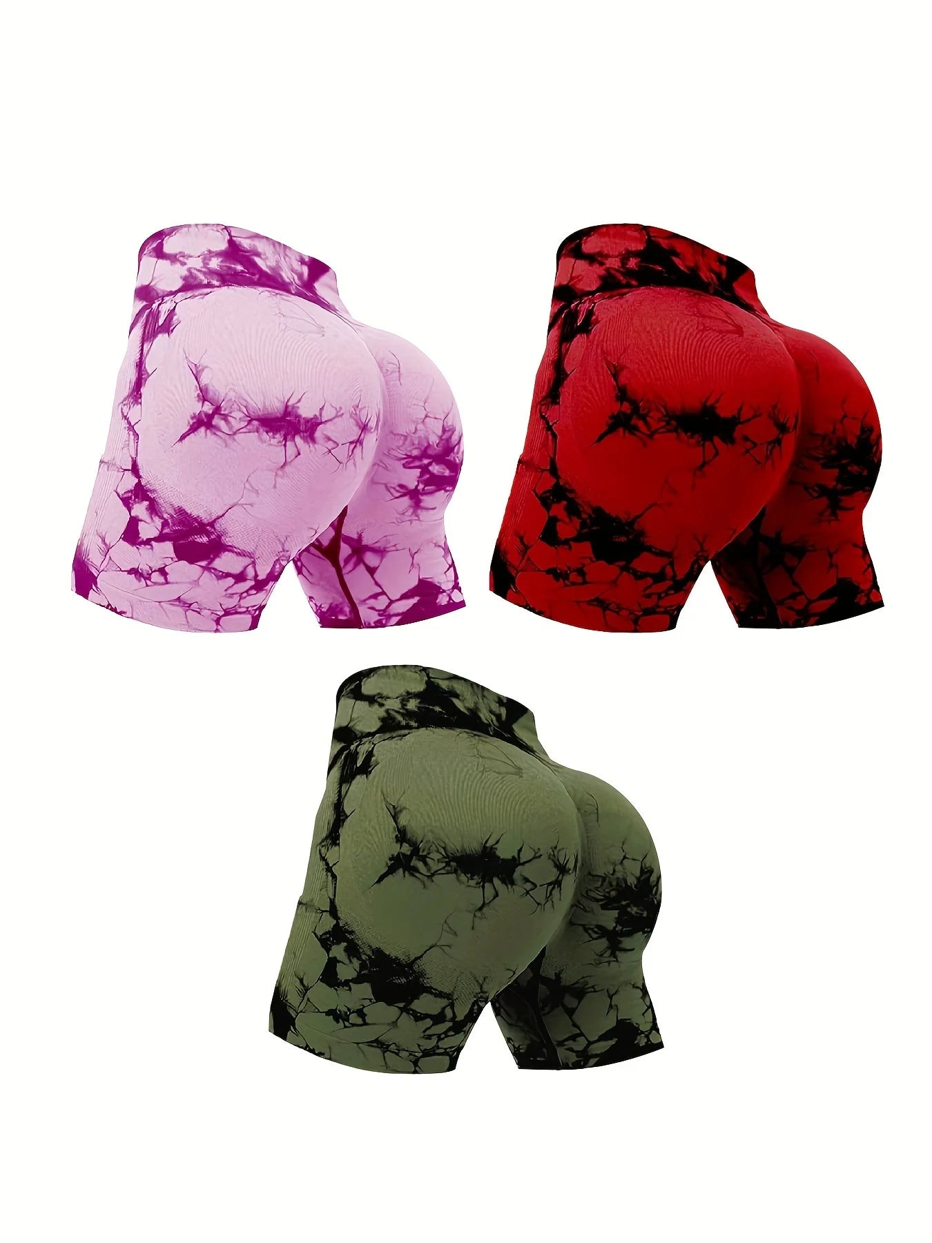 3pcs women's sports waist tightening and hip lifting fitness tie dye shorts