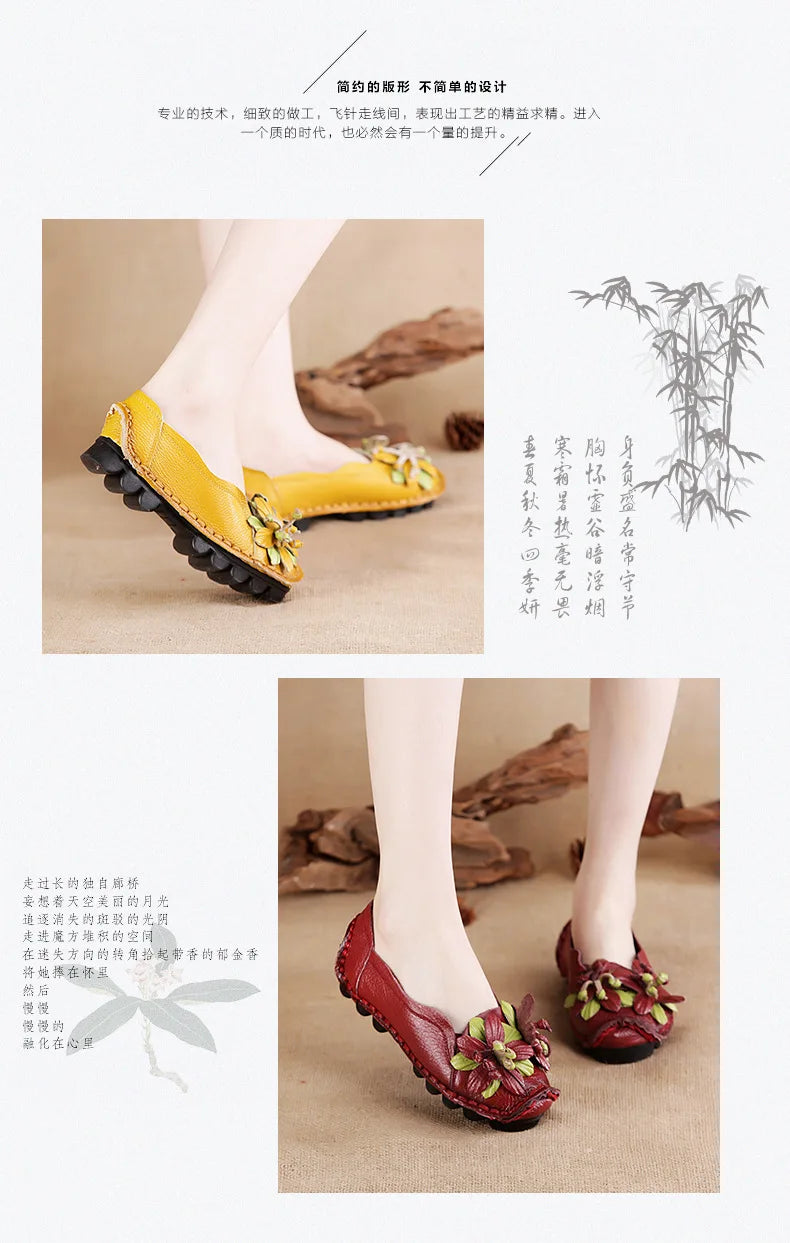 Genuine Leather Ballet Flats Women's Slip On Loafers Vintage Handmade Flower Soft Muffin Platform Casual Walk Dress Shoes Woman