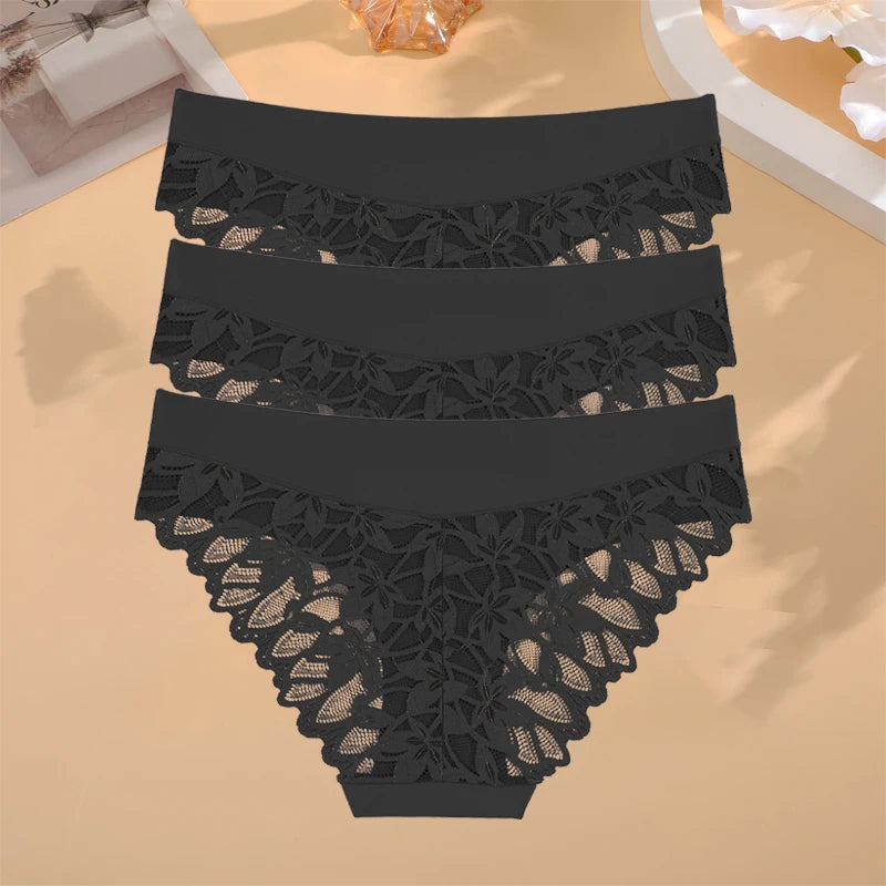 FINETOO 3Pcs Women Lace Floral Underwear Seamless Stretch Panties Sexy Hollow Out Low-Waist Briefs High Quality Comfort Lingerie