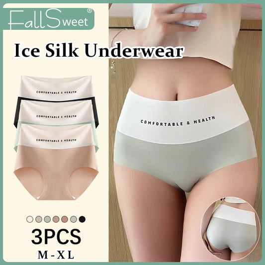 FallSweet 3PCS Seamless Panties for Woman Ice Silk Underwear High Waist Briefs Solid Comfortable Underpants Sexy Female Lingerie