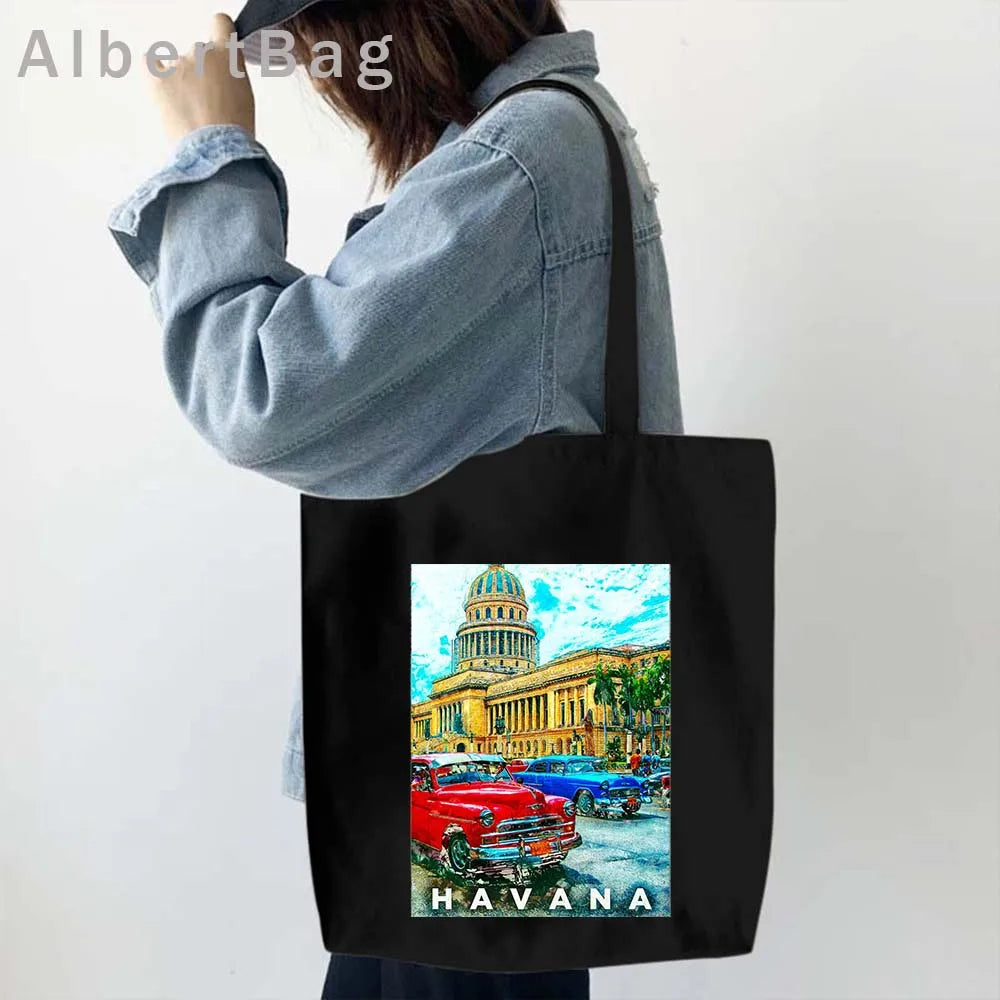Cuba Country Map Flag Havana Travel Cuban Watercor Shopper Harajuku Canvas Totes Bag Cubana Girl Gift Love Heart Cotton Handbags