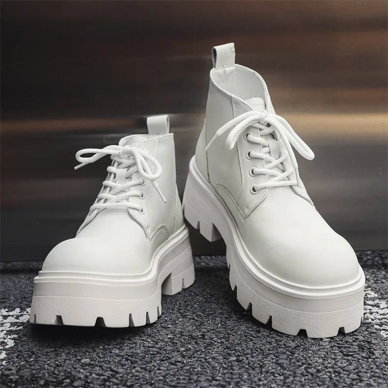 Korean style men fashion platform boots black white genuine leather shoes cowboy chunky boot spring autumn cool ankle botas mans