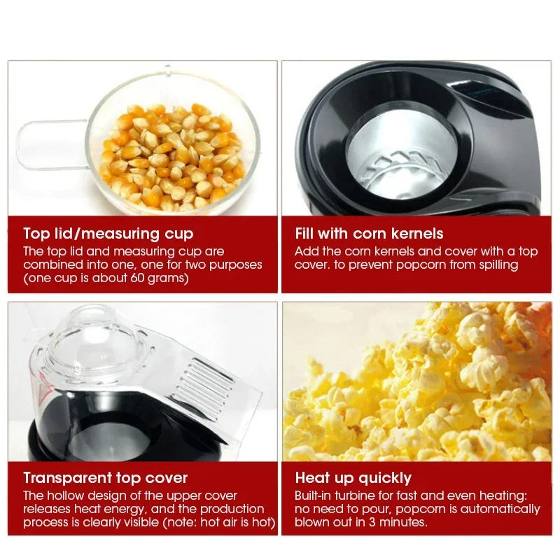 220V Compact Automatic Oil-free Home Popcorn Machine Small Kitchen Popcorn Maker Quick Healthy Snacking Easy Operation