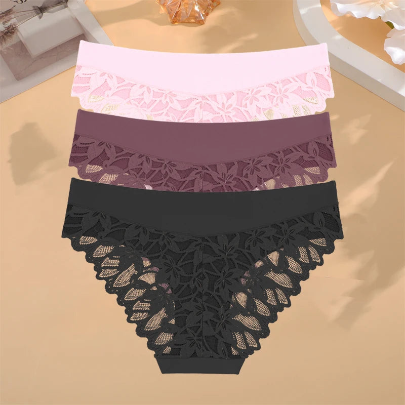 FINETOO 3Pcs Women Lace Floral Underwear Seamless Stretch Panties Sexy Hollow Out Low-Waist Briefs High Quality Comfort Lingerie