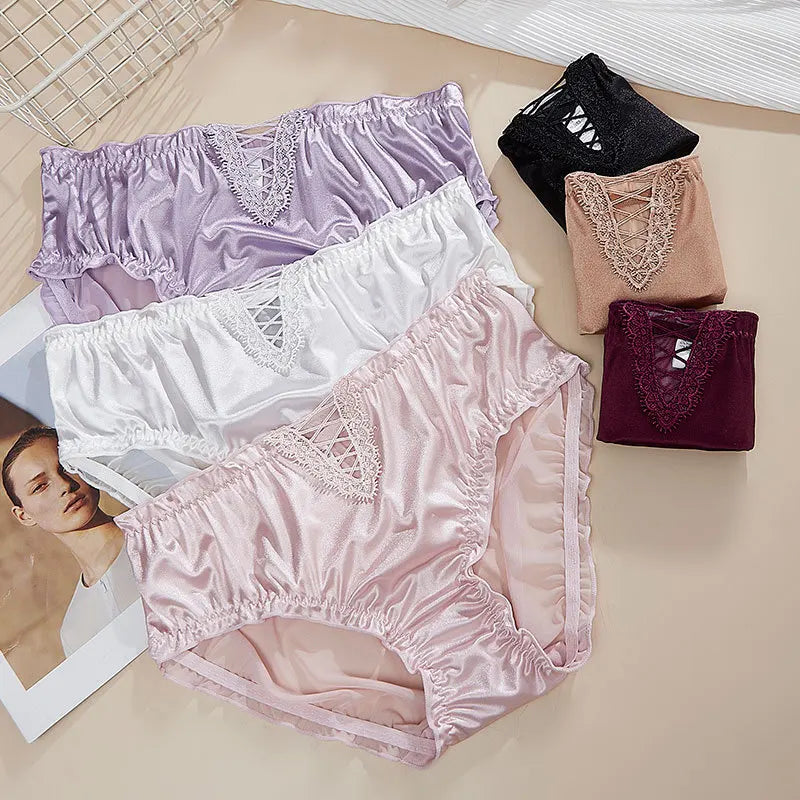Sexy Hollow Lace Women Middle Waist Underwear High Elasticity Mesh Transparent Panties Satin Smooth Breathable Seamless Breifs