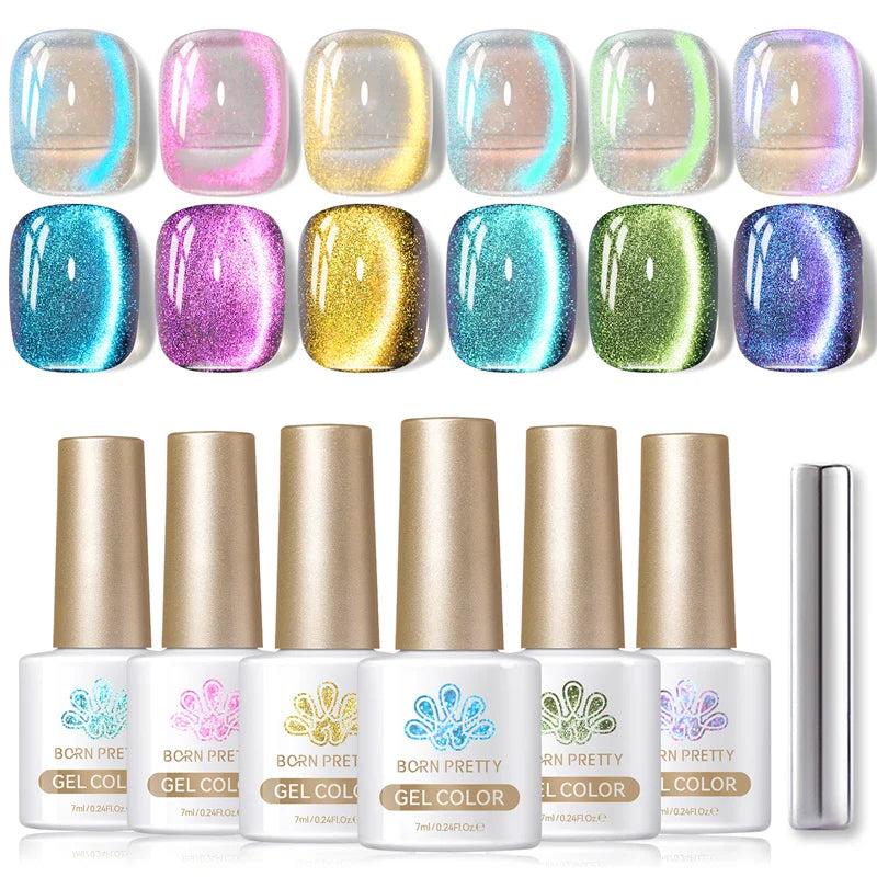 BORN PRETTY 6PCS Pink Ocean Cat Nail Gel Polish Set With Magnet Stick Jelly Holographics Magnetic Nail Kit Salon Art Manicure