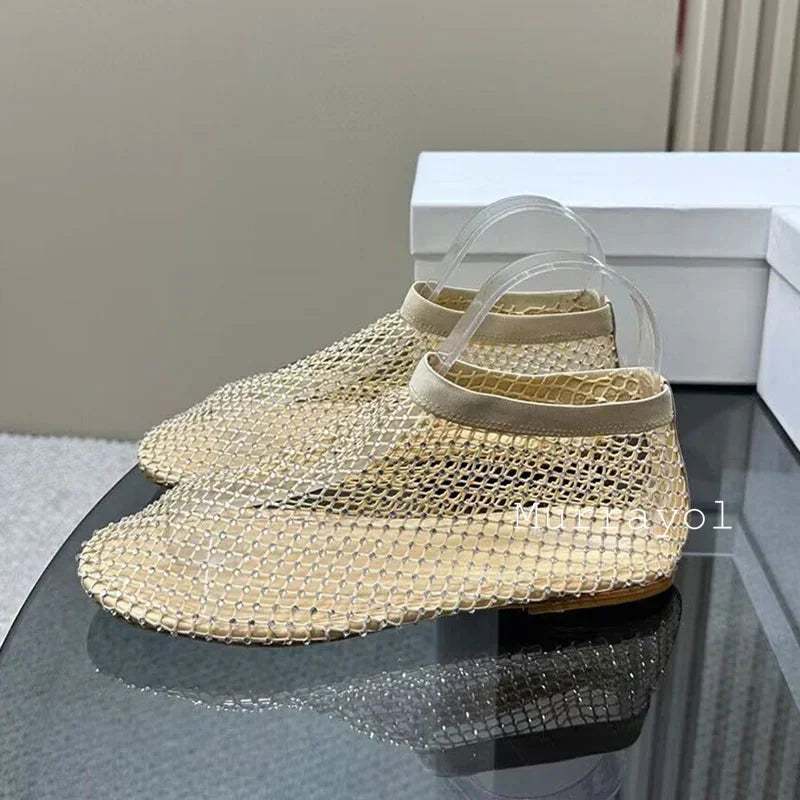 New Round Toe Mesh Breathable Mary Jane Shoes Women Solid Color Flat Shoes Summer Leisure Vacation Single Shoes Loafers