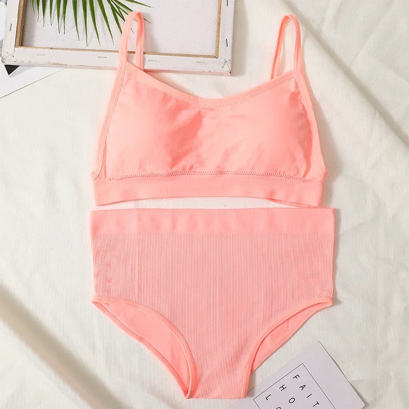 Women Seamless Bra Set Sexy Backless Ribbed High Waist Panties Female Lingerie Set Crop Top Seamless Briefs Underwear