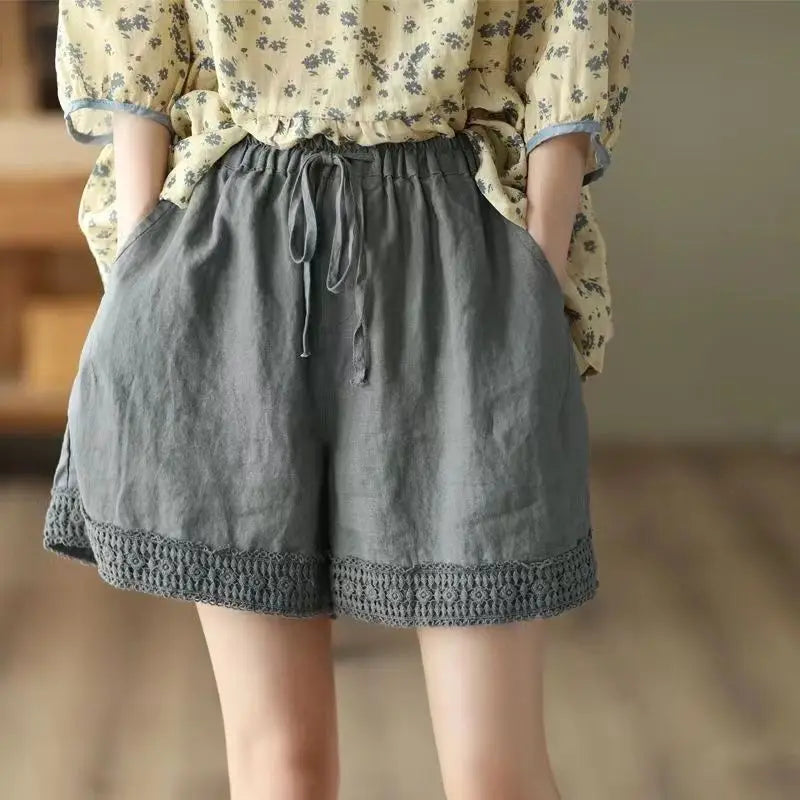 Cotton and Linen Shorts for Women Wearing Thin Mother Cotton and Linen Pants for Women Large Size Casual Linen Wide-leg Pants