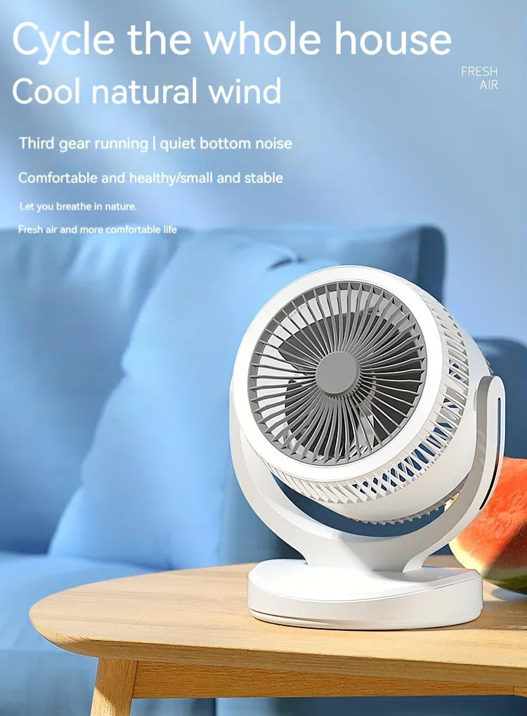 360-Degree Rotatable White Desk Fan with Night Light Charging Air Cycle Desktop Fan Adjustable Airflow for Indoor & Outdoor Use