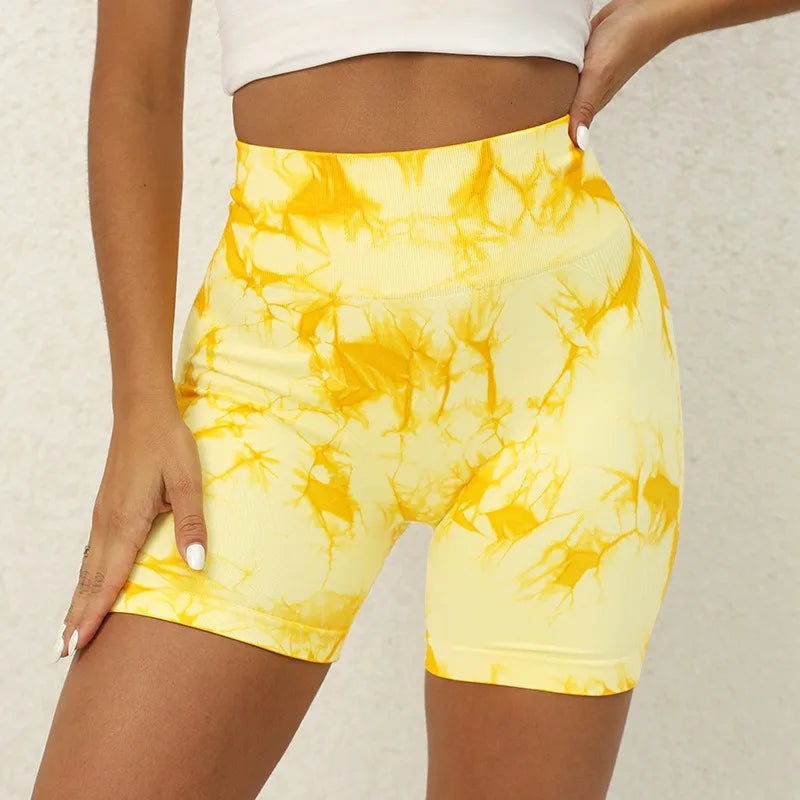 3pcs women's sports waist tightening and hip lifting fitness tie dye shorts