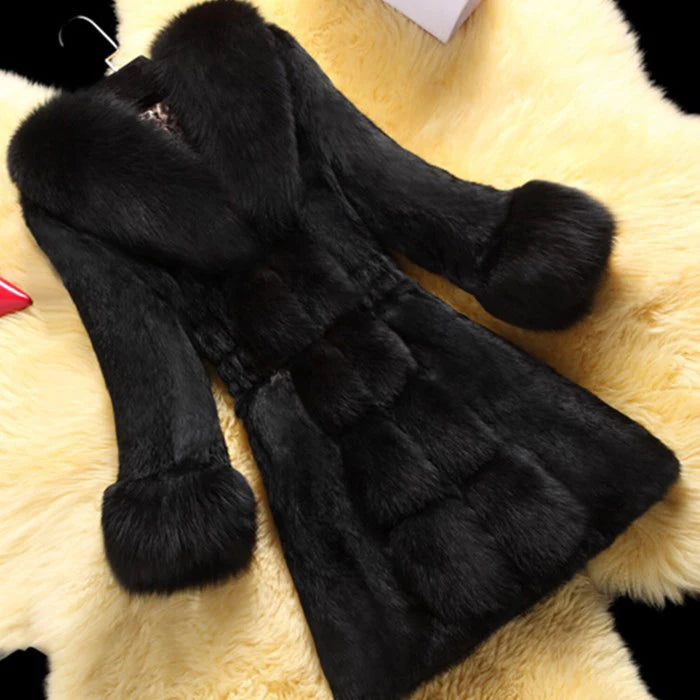 Mid-aged Fur Winter Coat Women Jacket Warm Fuzzy Faux Fur Slim Fit V Neck Overcoat Ladies Mid Length Cold-proof Winter Outerwear