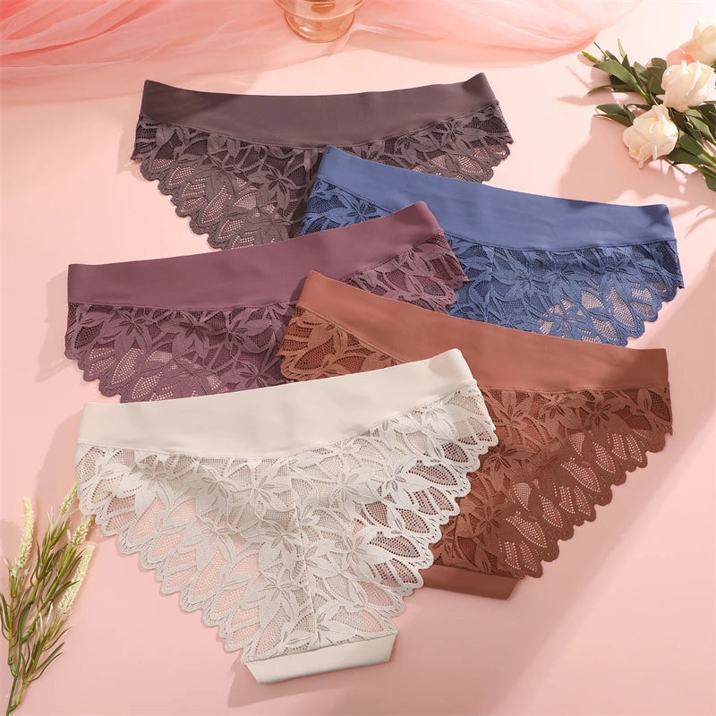 FINETOO 3Pcs Women Lace Floral Underwear Seamless Stretch Panties Sexy Hollow Out Low-Waist Briefs High Quality Comfort Lingerie