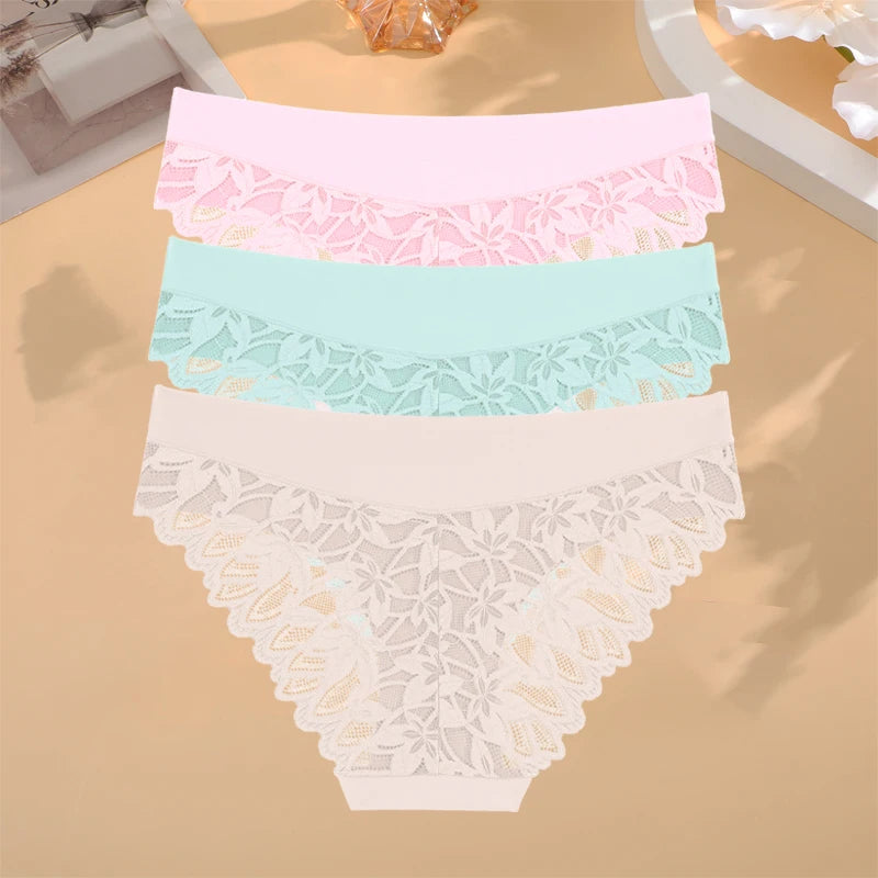 FINETOO 3Pcs Women Lace Floral Underwear Seamless Stretch Panties Sexy Hollow Out Low-Waist Briefs High Quality Comfort Lingerie