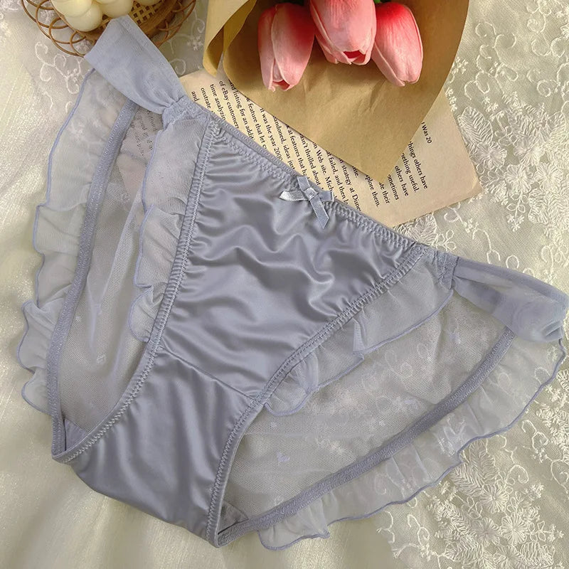 Women Sexy Mesh Satin Lace Ruffles Underwear Transparent Bow Cute Lovely Low Waist Thin Breathable Panties High Forks Breifs