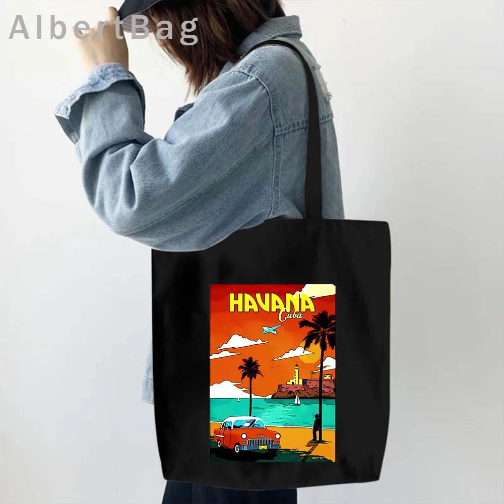 Cuba Country Map Flag Havana Travel Cuban Watercor Shopper Harajuku Canvas Totes Bag Cubana Girl Gift Love Heart Cotton Handbags