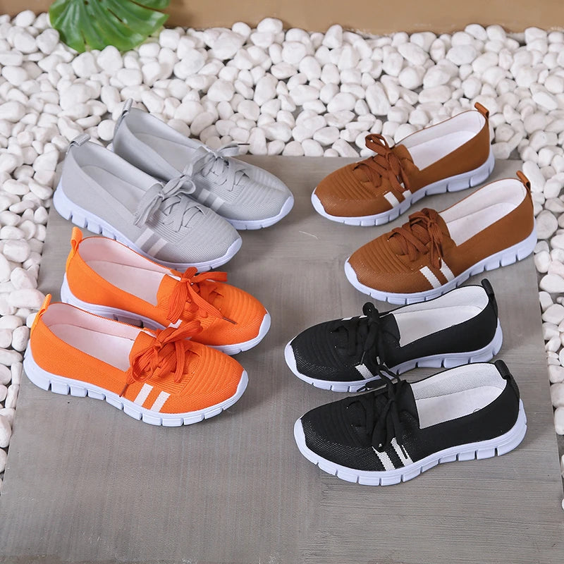 Lightweight Women Casual Shoes Mesh Breathable Casual Sneakers Woman Striped Knitted Flats Comfortable Walking Shoes Plus Size