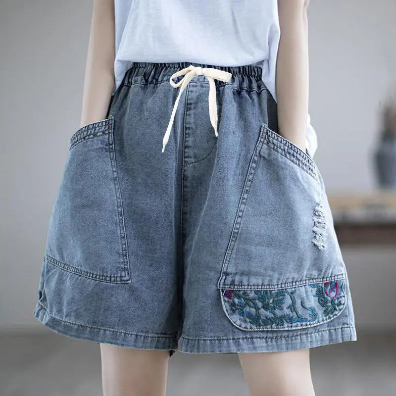 Fashion Korean High Waist Embroidery Denim Shorts for Female Summer Casual Pockets Spliced Loose Wide Leg Pants Women's Clothing