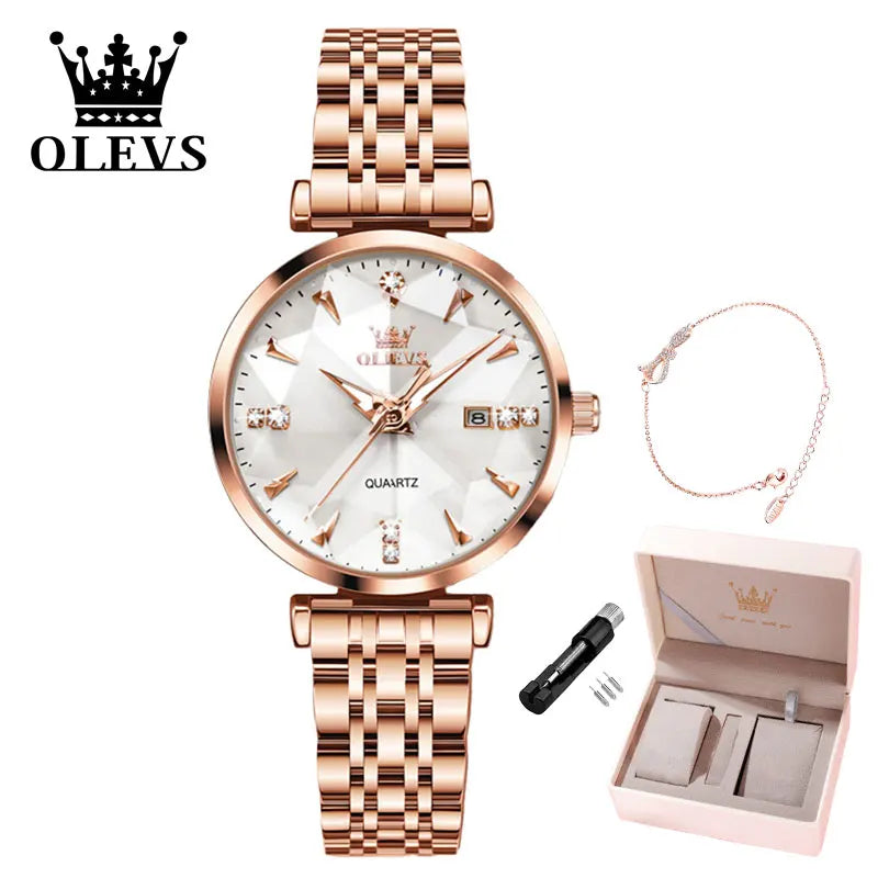 OLEVS Women Luxury Jewelry Quartz Watch Waterproof Stainless steel Strap Rose Gold Watch for Women Fashion Watch Bracelet Set
