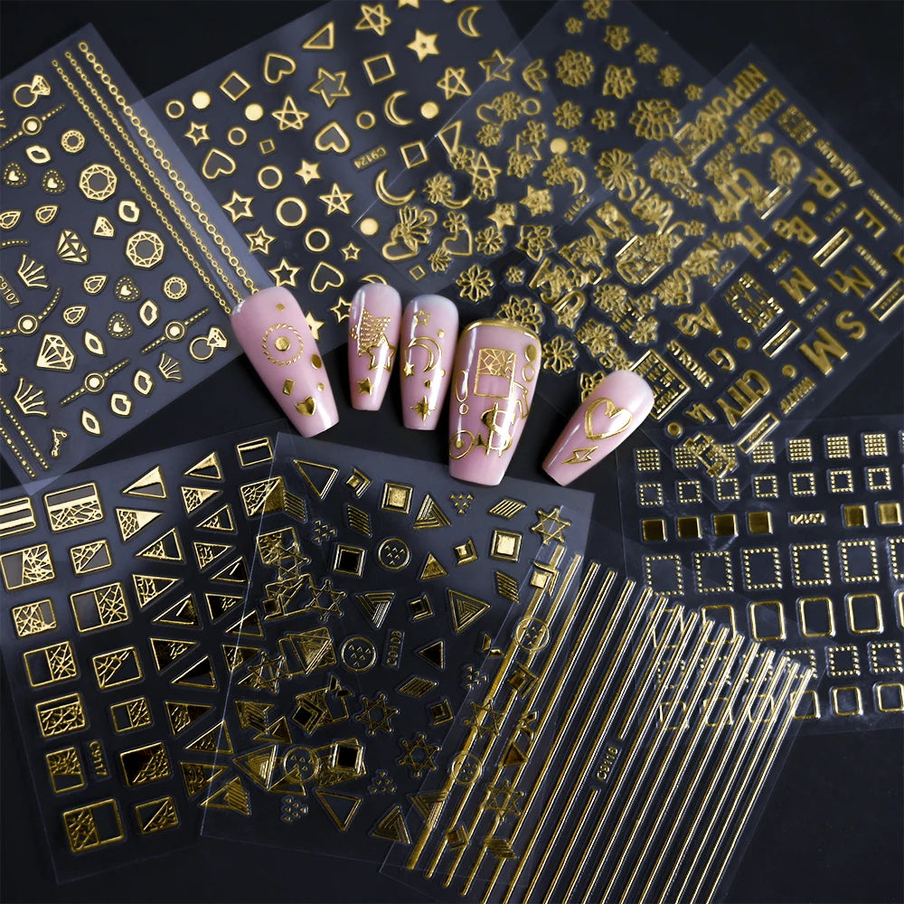 3D Gold Bronzing Moon Star Nail Stickers 20/30pcs Metallic Geometry Line Nail Decals Adhesive Metallic Laser Manicure Slider 6cm