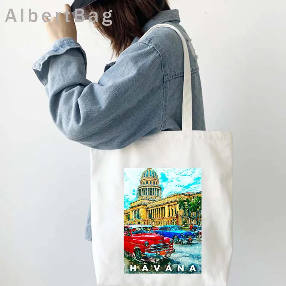 Cuba Country Map Flag Havana Travel Cuban Watercor Shopper Harajuku Canvas Totes Bag Cubana Girl Gift Love Heart Cotton Handbags