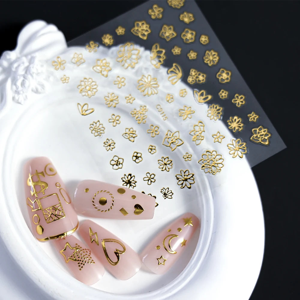 3D Gold Bronzing Moon Star Nail Stickers 20/30pcs Metallic Geometry Line Nail Decals Adhesive Metallic Laser Manicure Slider 6cm