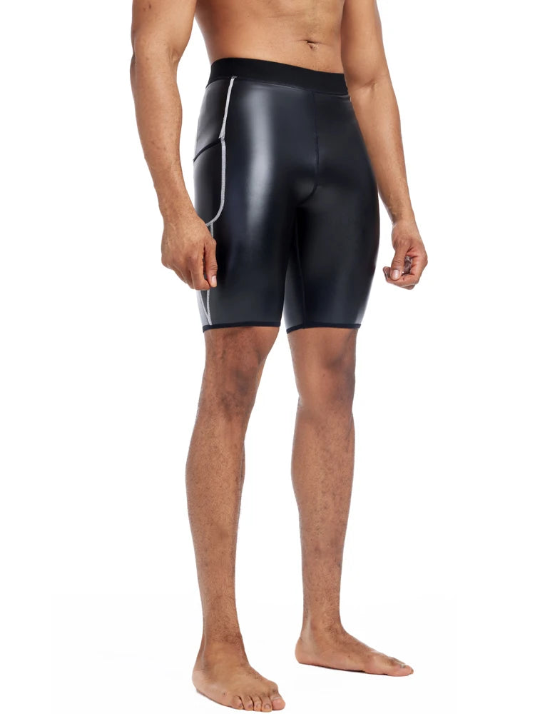 Men Fashion White Splicing Leather Shorts Body Shaper Waist Trainer High Waist Control Panties Fitness Leather Pants with Pocket