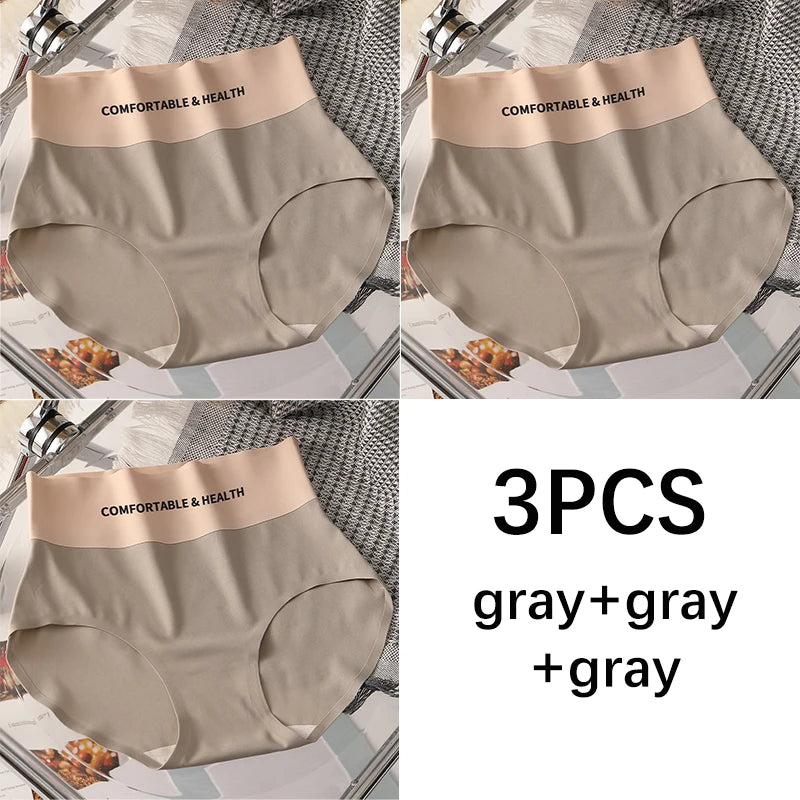FallSweet 3PCS Seamless Panties for Woman Ice Silk Underwear High Waist Briefs Solid Comfortable Underpants Sexy Female Lingerie