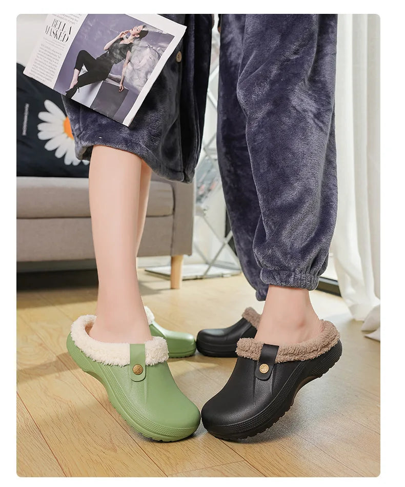 New Indoor Warm Slippers for Women Luxury Garden Shoes Soft Waterproof EVA Plush Slippers Female Clogs Couples Home Cotton Shoes