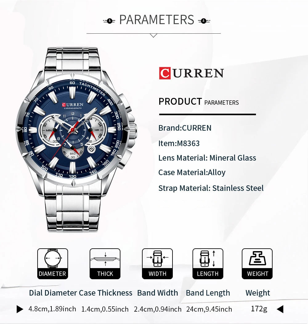 CURREN Men's Watch Fashion Sport Chronograph Wristwatch Mens Watches Top Brand Luxury Quartz Watch Stainless Steel Band