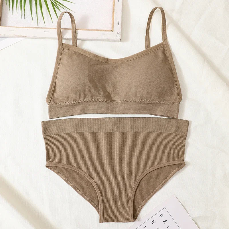 Women Seamless Bra Set Sexy Backless Ribbed High Waist Panties Female Lingerie Set Crop Top Seamless Briefs Underwear