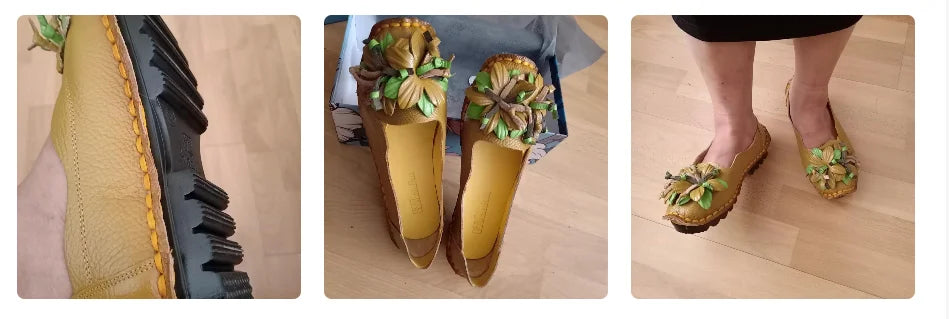 Genuine Leather Ballet Flats Women's Slip On Loafers Vintage Handmade Flower Soft Muffin Platform Casual Walk Dress Shoes Woman