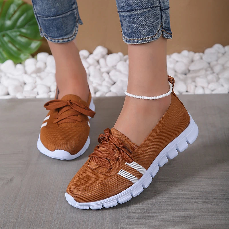 Lightweight Women Casual Shoes Mesh Breathable Casual Sneakers Woman Striped Knitted Flats Comfortable Walking Shoes Plus Size