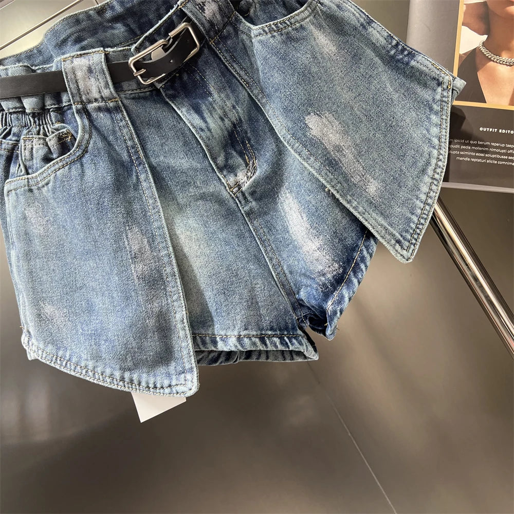 Women's Elastic Bud Denim Shorts High Waist Pocket Loose Wide Leg Jeans Pants Streetwear Casual Summer Fashion Short Pants
