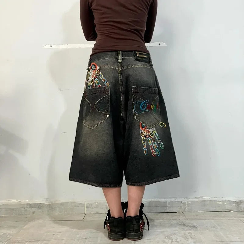 Vintage Fashion New Letter Geometric Embroidery Baggy Denim Shorts Women Y2K Gothic Hip Hop Casual High-waisted Cropped Trousers