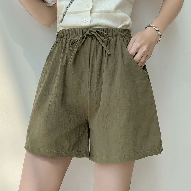 Elegant Cotton Linen Shorts Fashion Women Loose Drawstring High Waist Pocket Summer New Short Pants Casual Office Lady Trousers